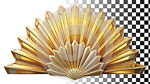 Golden folding fan ornate, traditional Asian fan, elegant accessory, decorative hand fan png transparent image Generative AI photo