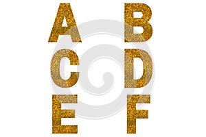 Golden font Alphabet a, b, c, d, e, f made of golden sparkle background.