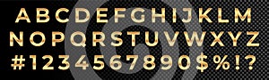Golden font numbers and letters alphabet typography. Vector gold font type with 3d metal gold