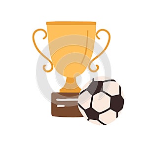 Golden football cup with soccer ball. Gold goblet on podium. Champion's trophy for first place. Winner s prize for