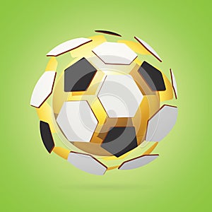 Golden Football / Soccer Ball Inside Real Colors Polygons. Bright Green Sport Background.