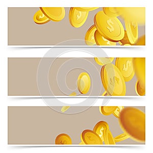 Golden fortune flying coins over light brown background header