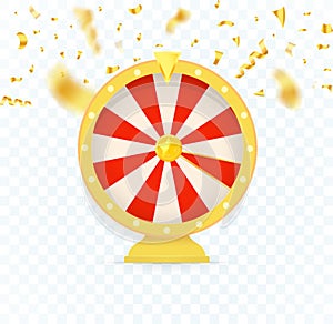 Golden fortune wheel icon, random choice wheel with falling candy, vector isolated illustration on transparent