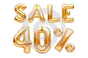 Golden forty percent sale sign made of inflatable balloons isolated on white. Helium balloons, gold foil numbers. Sale