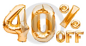 Golden forty percent sale sign made of inflatable balloons isolated on white. Helium balloons, gold foil numbers. Sale decoration