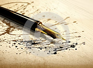 golden fountain pen leaves a signature on a white paper closeup. Created with Generative AI technology.