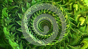 Golden Fractal Spiral with a Modern Twist, 3D Render, Isolated on Black. Verdant fern leaves radiating outward in a
