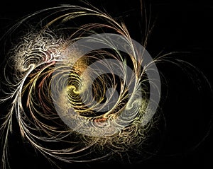 Golden fractal swirl on black background