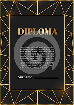 Golden frame on a black background. Diploma, certificate, postcard, invitation template