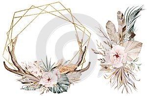 Golden frame and bouquet with Watercolor deer antlers, tropical leaves and flowers illustration