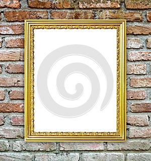 Golden frame on brick stone wall background