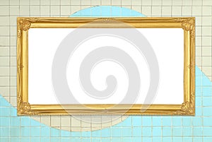 Golden frame on brick stone wall background