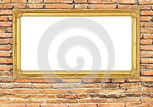 Golden frame on brick stone wall background