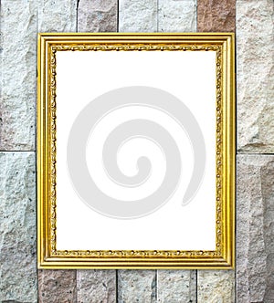 Golden frame on brick stone wall background