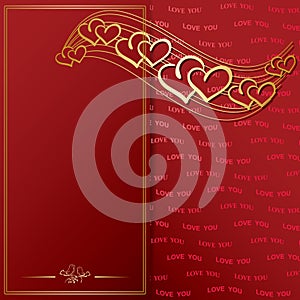 Golden frame and decorative gold hearts on red background - vector valentine card