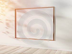 Golden frame hanging in bright interior mockup. Template of a picture framed on a wall 3D rendering