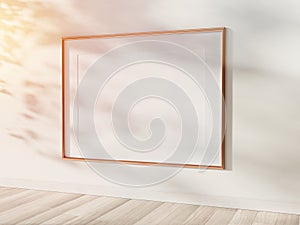 Golden frame hanging in bright interior mockup. Template of a picture framed on a wall 3D rendering