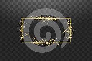 Golden frame with lights effects. Shining rectangle banner. Isolated on black background. Vector illustration