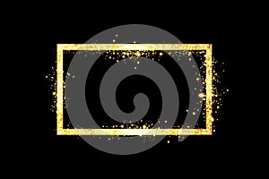 Golden frame with lights effects. Shining rectangle banner. Isolated on black background. Vector illustration
