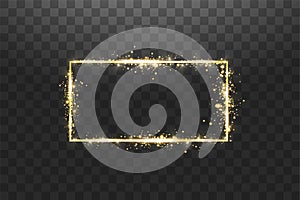 Golden frame with lights effects. Shining rectangle banner. Isolated on transparent background. Vector illustration