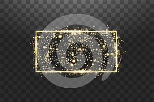 Golden frame with lights effects. Shining rectangle banner. Isolated on transparent background. Vector illustration