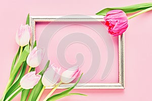 Golden frame with pink tulips on pink background. Mockup. Top view, copy space