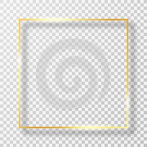 Golden frame in square shape with light effect. Golden luxury frame or border with glares and light on transparent background