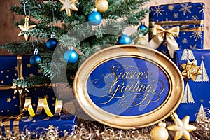 Golden Frame With Text Seasons Greetings, Christmas Background