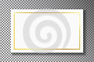 Golden frame on white plate isolated on transparent background with shadow. Gold border with glow shine on white rectangle. Vector