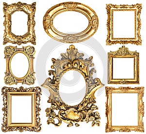 Golden frames. Baroque style antique objects. Vintage collection