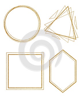 Golden frames. Glitter gold frame texture illustration. Baby nursery invite. Geometric frames. Wedding frame. Babe shower