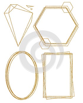 Golden frames. Glitter gold frame texture illustration. Modern clipart.