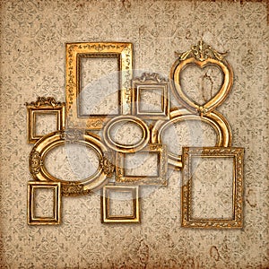 Golden framework over vintage pattern wallpaper