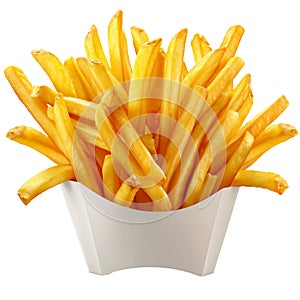 Golden French fries potatoes in paper box isolated on transparent background.