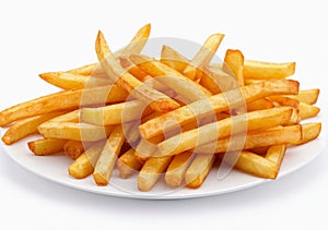 Golden French fries potatoes ready to be eaten,cut out on white background