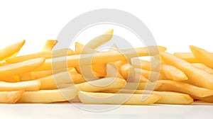 Golden French fries potatoes on white background. Close-up image