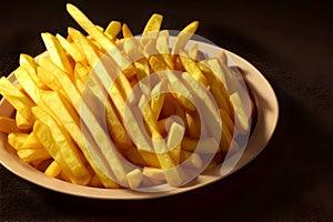Golden French fries on a white plate on a dark background close up