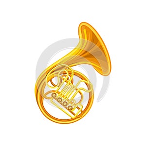 Golden french horn. Brass musical instrument with coiled tube, valves and flared bell. Flat vector element for music