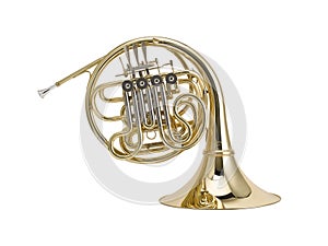 Golden French horn , Horn, Brass Music Instrument Isolated on White background photo