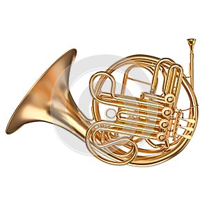 Golden french horn on white