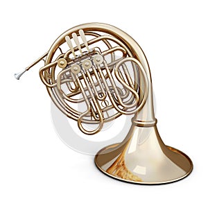 Golden french horn on a white