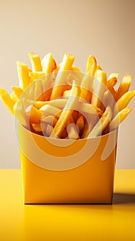 Golden fries in a yellow fast food box, isolated