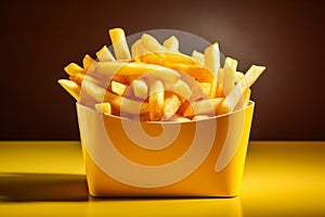 Golden fries in a yellow fast food box, isolated