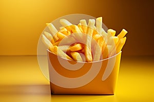 Golden fries in a yellow fast food box, isolated