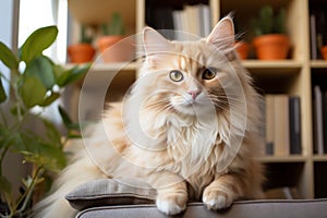 A golden-furred cat rests on a gray couch, surrounded by potted plants and bookshelves. Its warm presence suits a cozy