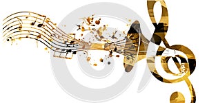 Golden G-clef with gramophone horn isolated vector illustration design.