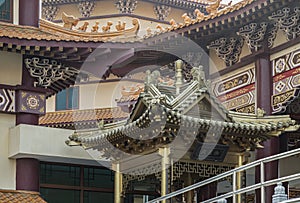 Golden gable roof architecture inside of Taiwanese temple at Fo Guang Shan Thaihua Temple