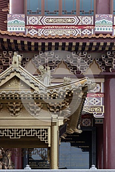 Golden gable roof architecture inside of Taiwanese temple at Fo Guang Shan Thaihua Temple