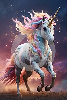 Golden Gallop: White Unicorn adorned in Pastel Dreamscape photo