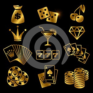 Golden gambling, poker card game, casino, luck vector icons isolated on black background